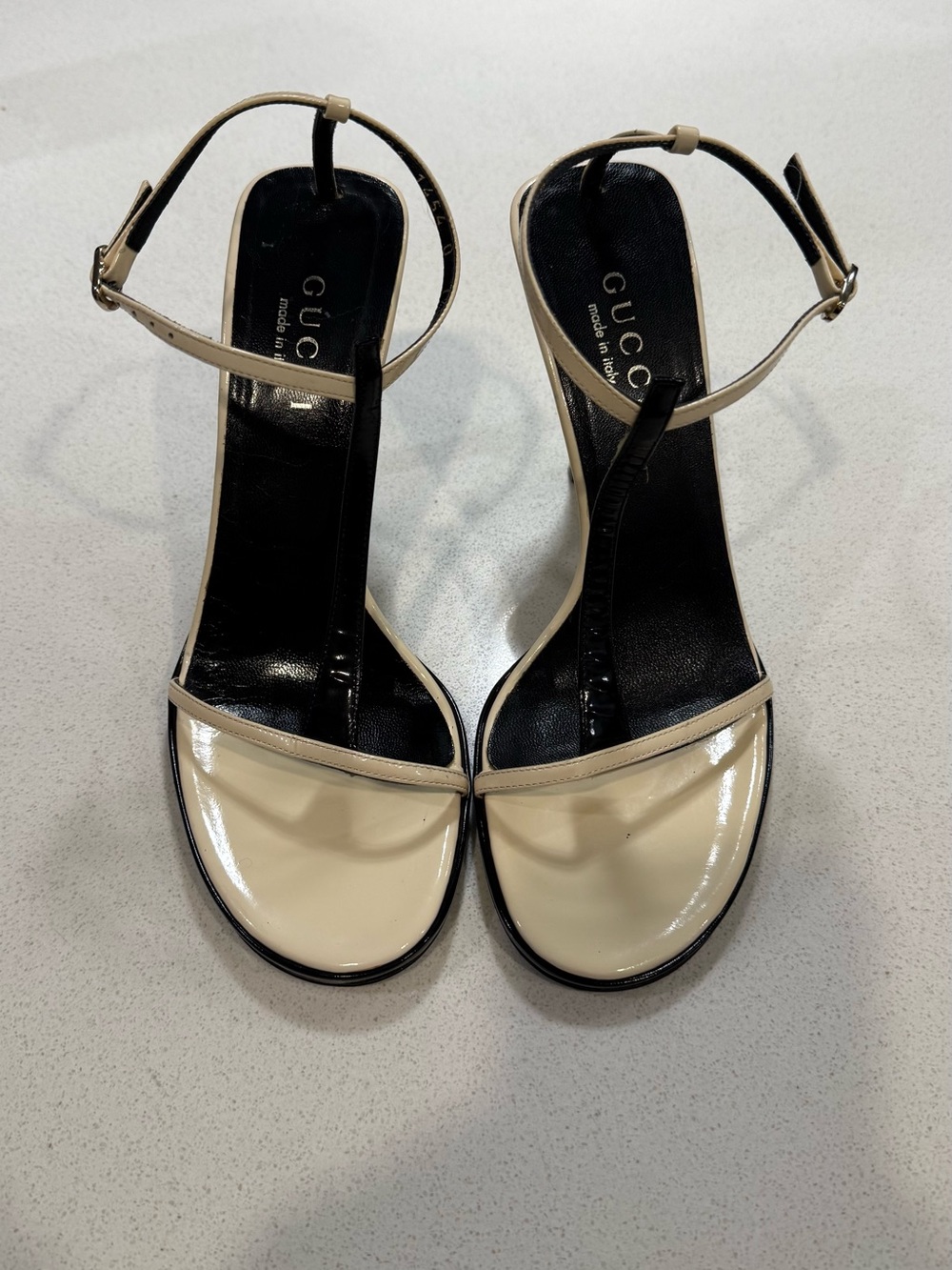 Gucci Patent Leather Cream and Black Ankle-Strap Sandals